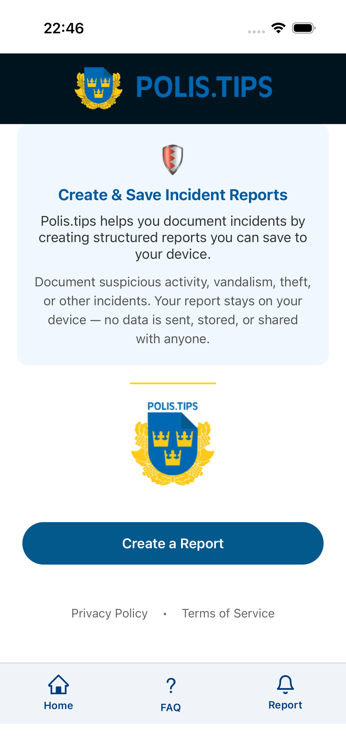 Startsida i Polis.tips-appen